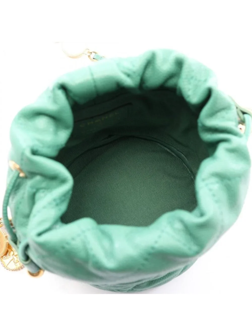 Chanel Shoulder Bag Quilted Mini Bucket Drawstring Green Caviar Leather Chain